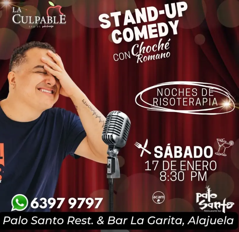 Que hacer hoy en Costa Rica: Noche de risoterapia con el show de comedia de Choché Romano en la terraza de La Culpable.