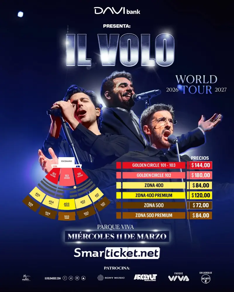 Que hacer hoy en Costa Rica: Concierto del trío italiano Il Volo como parte de su gira mundial 2026-2027 en Parque Viva.