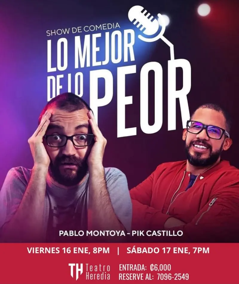 Que hacer hoy en Costa Rica: Noche de stand-up comedy con Pik Castillo y Pablo Montoya para reír y olvidar el estrés.