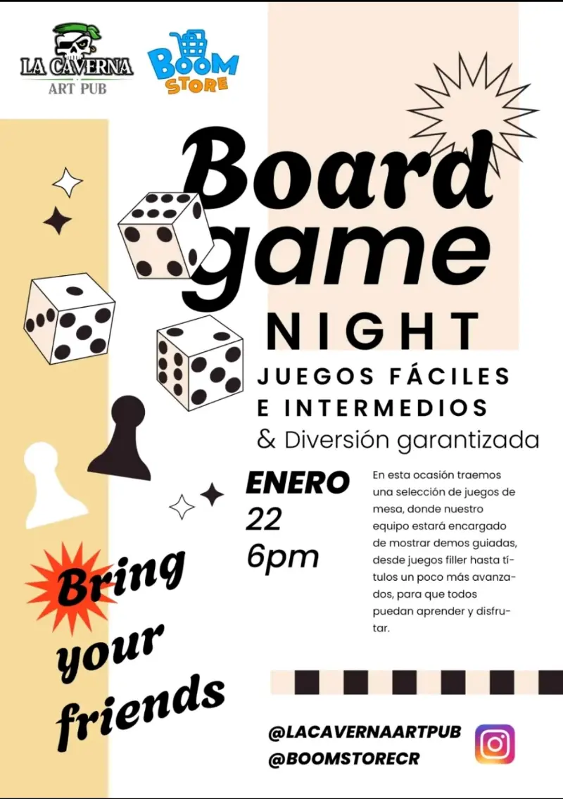 Que hacer hoy en Costa Rica: Noche de juegos de mesa fáciles e intermedios con demos guiadas en La Caverna Art Pub.