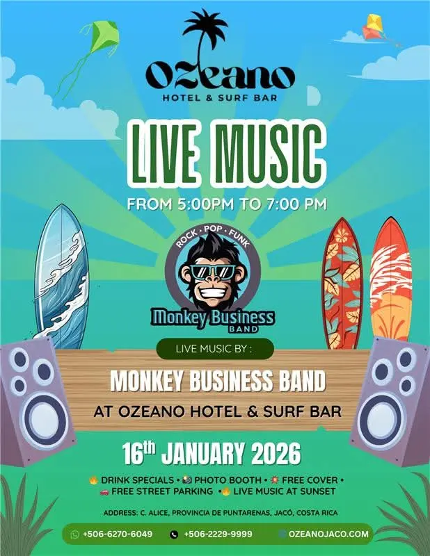 Que hacer hoy en Costa Rica: Música en vivo al atardecer en el único rooftop Surf Bar de Playa Jacó.