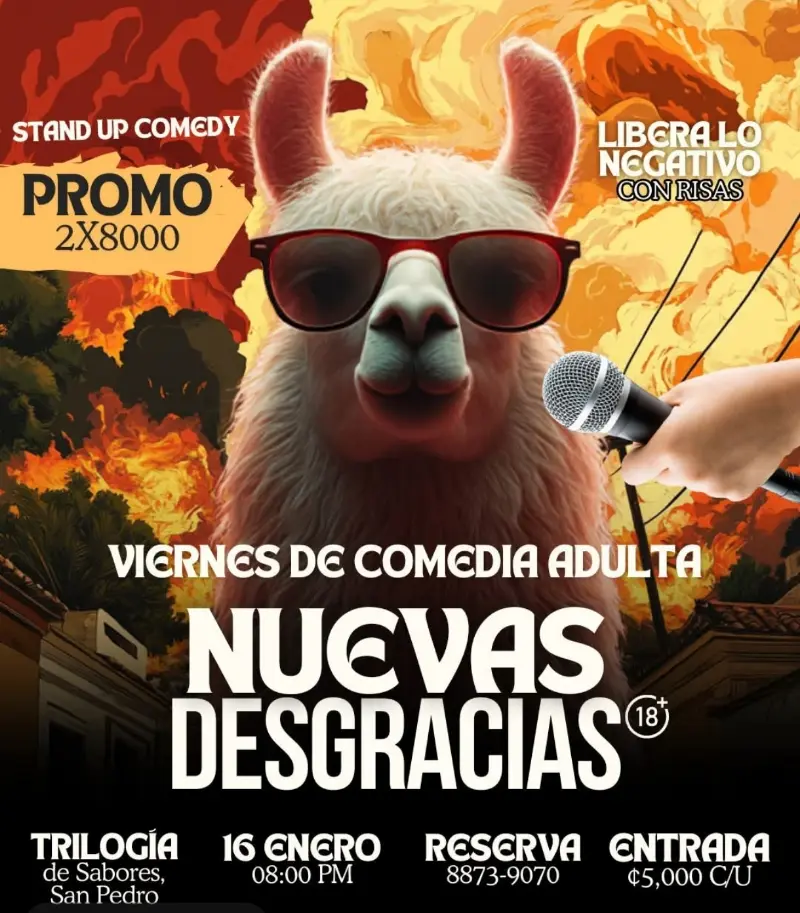 Que hacer hoy en Costa Rica: Show de stand-up comedy donde varios comediantes comparten sus desventuras en un ambiente de risas y buena comida.