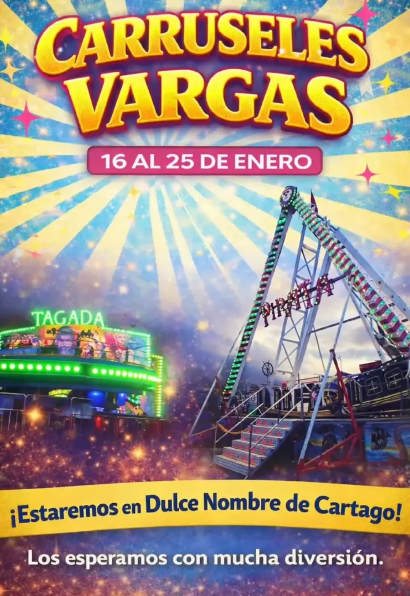 Que hacer hoy en Costa Rica: Parque de atracciones mecánicas con juegos, luces y ambiente familiar en el marco de las fiestas locales.