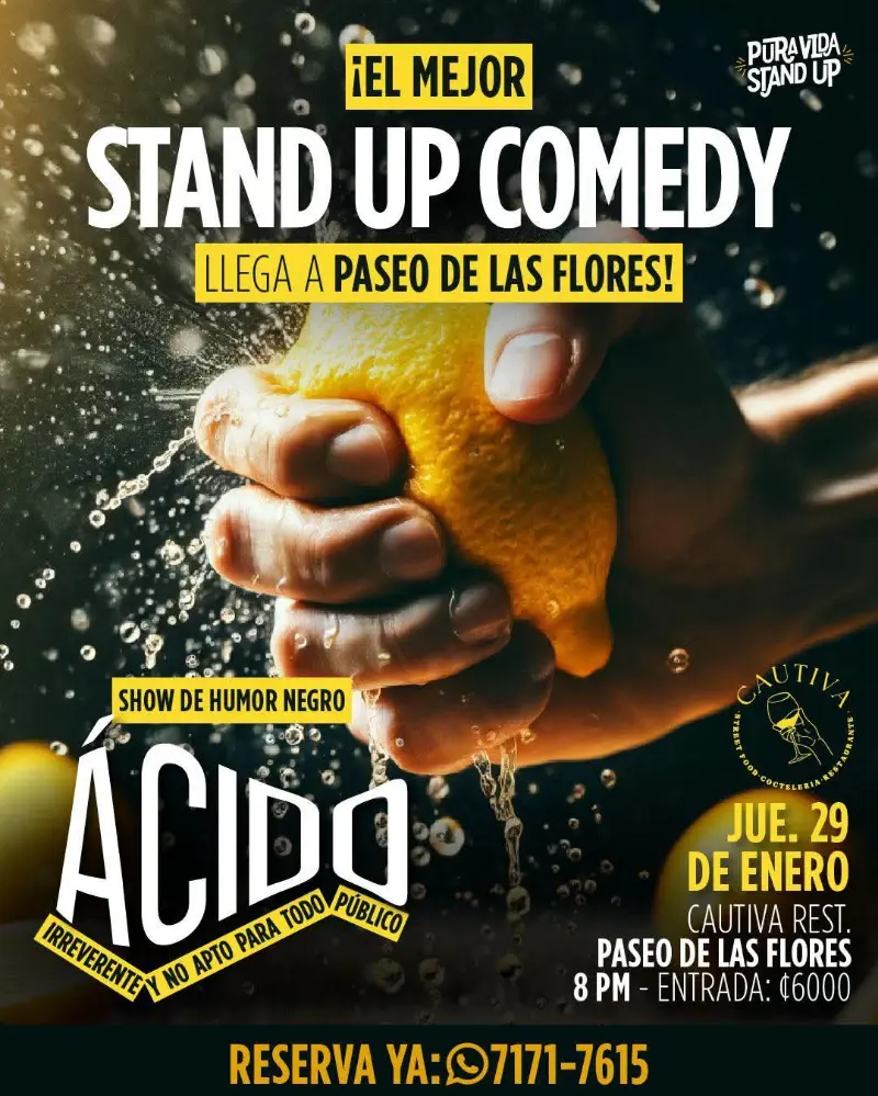 Que hacer hoy en Costa Rica: Noche de stand-up comedy irreverente con más de 10 comediantes presentando material de humor ácido.