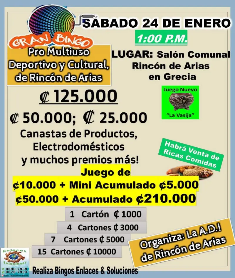 Que hacer hoy en Costa Rica: Bingo comunitario para recaudar fondos para el centro deportivo y cultural con premios en efectivo y electrodomésticos.