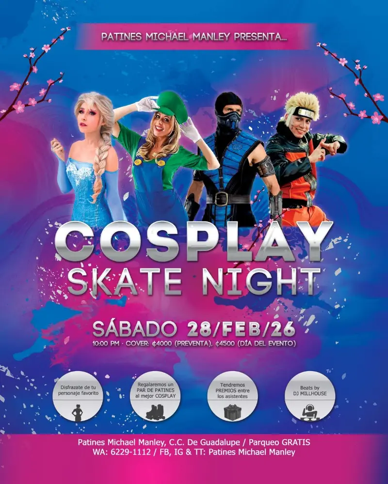 Que hacer hoy en Costa Rica: Noche temática de patinaje nocturno donde los asistentes pueden asistir disfrazados de sus personajes favoritos.