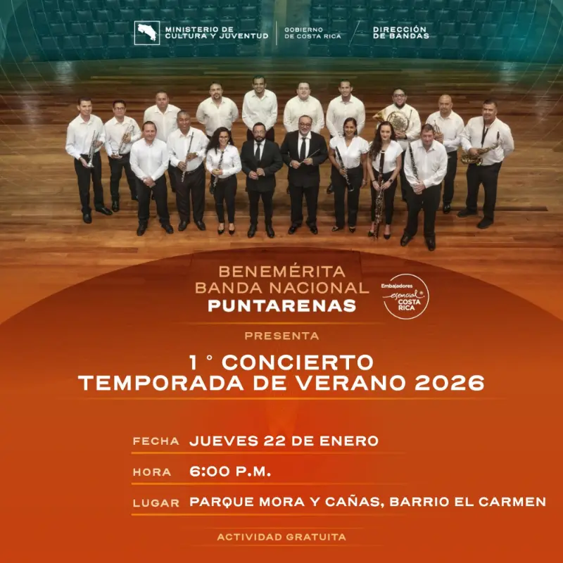 Que hacer hoy en Costa Rica: Concierto inaugural de la temporada veraniega al aire libre con la Benemérita Banda Nacional de Puntarenas.
