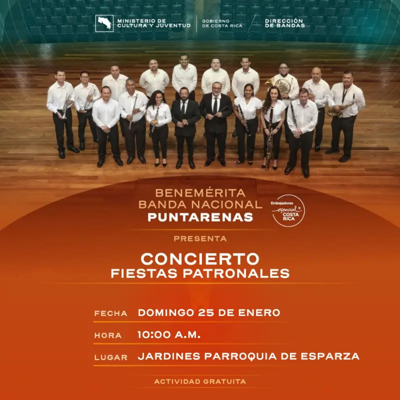 Que hacer hoy en Costa Rica: Presentación especial de la Benemérita Banda Nacional de Puntarenas en el marco de las celebraciones de Esparza.