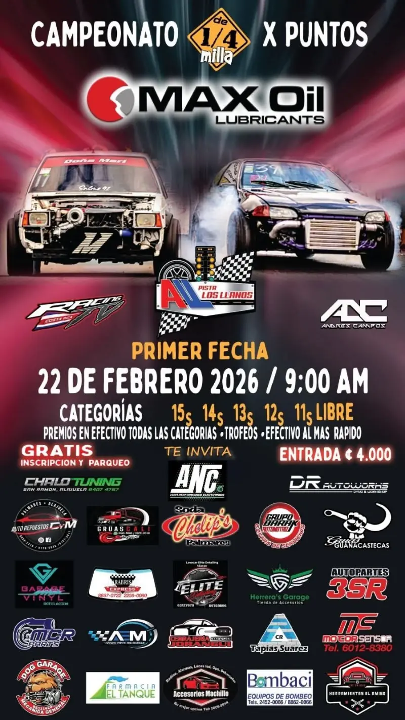 Que hacer hoy en Costa Rica: Inicio de la temporada de piques legales con competencia por puntos en diversas categorías de velocidad.