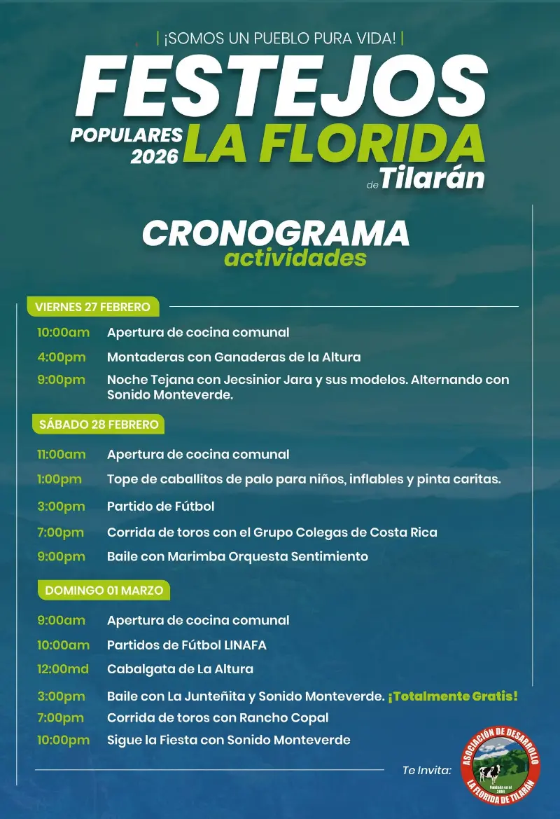 Que hacer hoy en Costa Rica: Tres días de celebraciones comunales con corridas de toros, noches tejanas, música en vivo, fútbol y actividades infantiles.