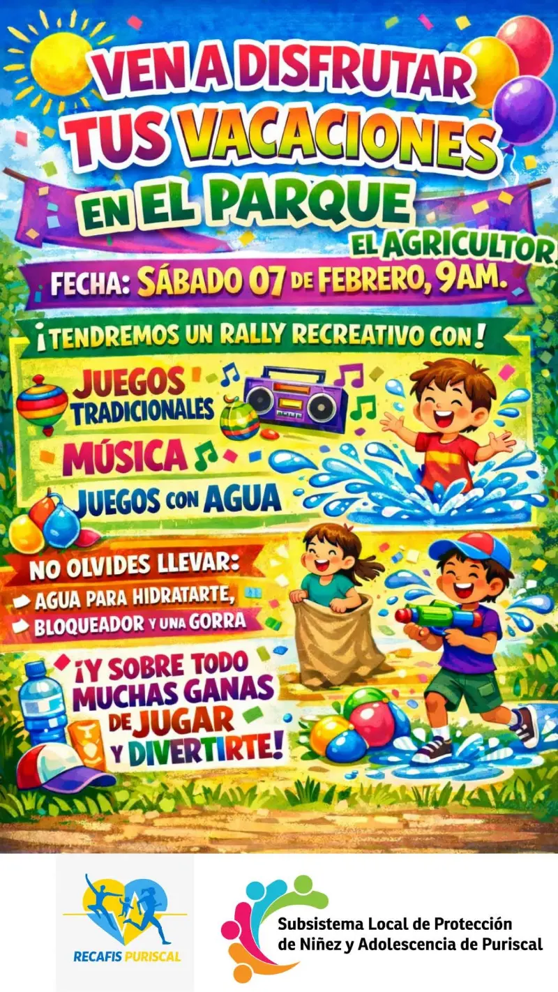 Mañana de juegos tradicionales, música y actividades con agua para niñas, niños y familias en Puriscal.