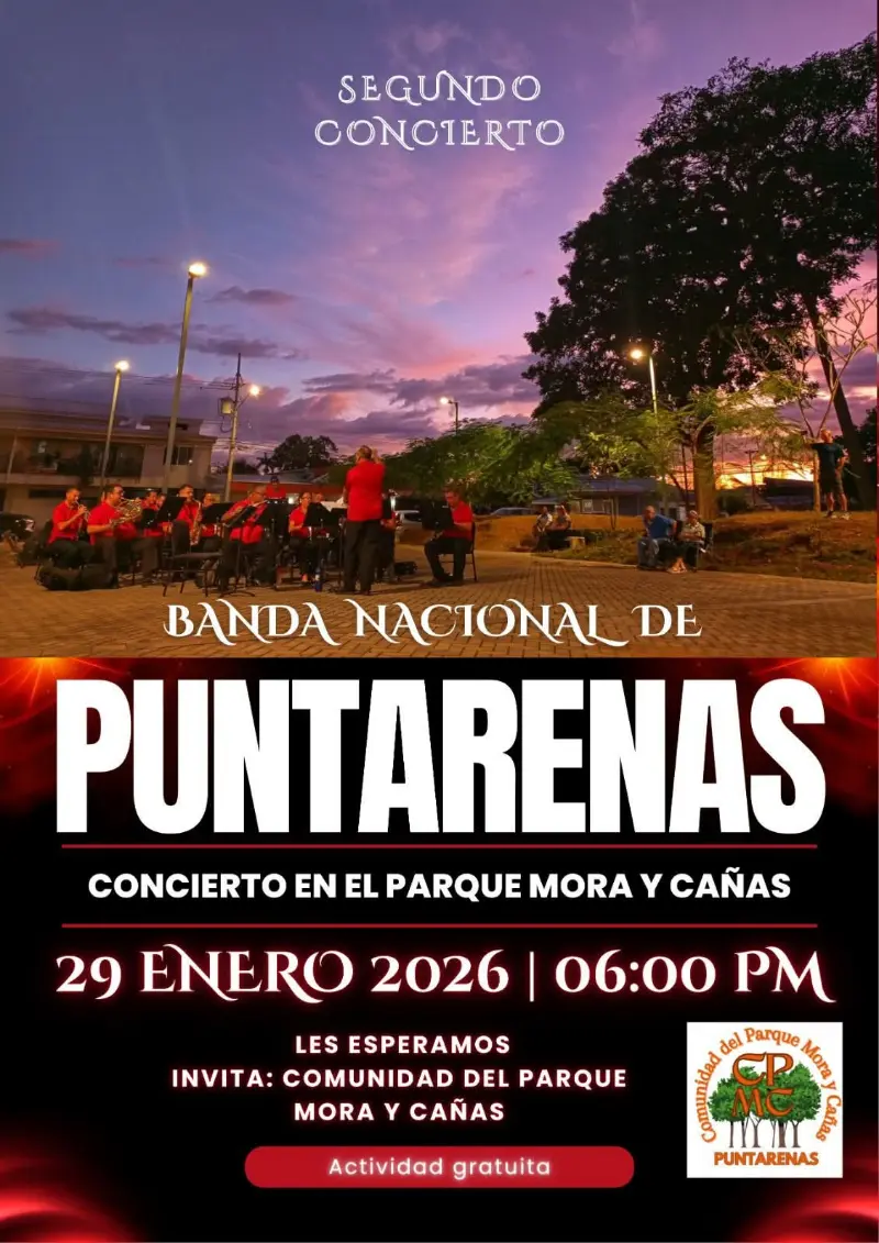 Presentación musical gratuita al aire libre con la Benemérita Banda Nacional de Puntarenas en el Parque Mora y Cañas.