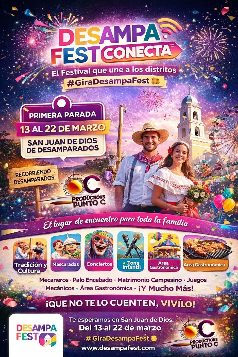 Que hacer hoy en Costa Rica: Festival distrital itinerante con gastronomía, conciertos, juegos mecánicos y tradiciones culturales.