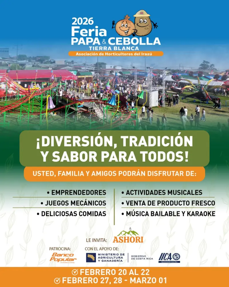 Que hacer hoy en Costa Rica: Tradicional feria agrícola con venta de productos frescos, juegos mecánicos, emprendedores y actividades musicales.