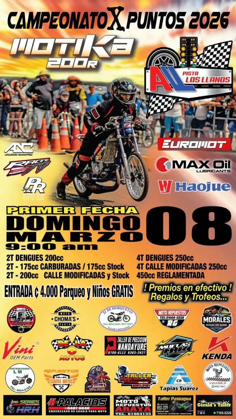 Que hacer hoy en Costa Rica: Primera fecha del campeonato nacional de motovelocidad por puntos en la modalidad de cuarto de milla.