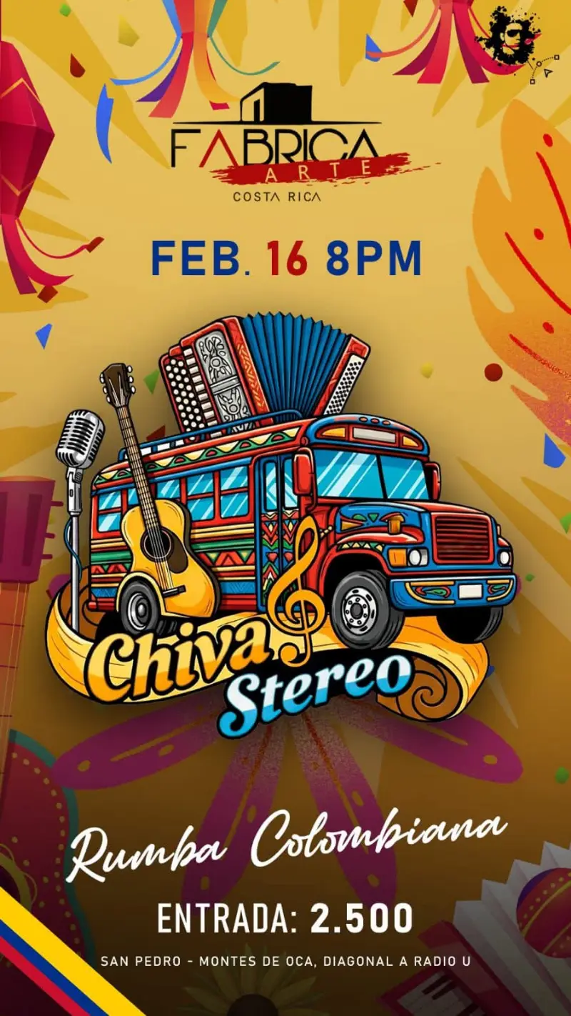 Que hacer hoy en Costa Rica: Noche temática de música y cultura colombiana en el espacio cultural Fábrica de Arte.