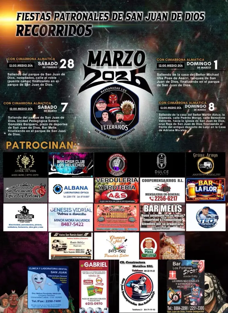 Que hacer hoy en Costa Rica: Tradicionales pasacalles con la Mascarada Los Veteranos y la Cimarrona Almatica por las calles de San Juan de Dios de Desamparados.