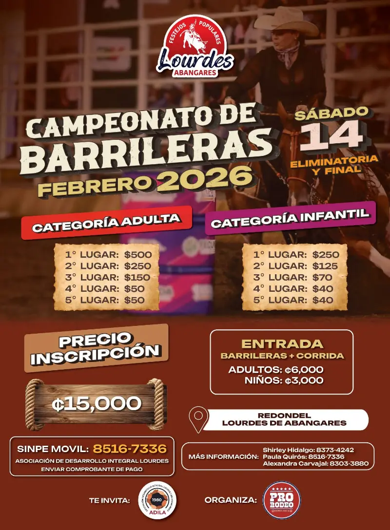 Que hacer hoy en Costa Rica: Competencia ecuestre de velocidad en categorías adulta e infantil como parte de los Festejos Populares Lourdes de Abangares.