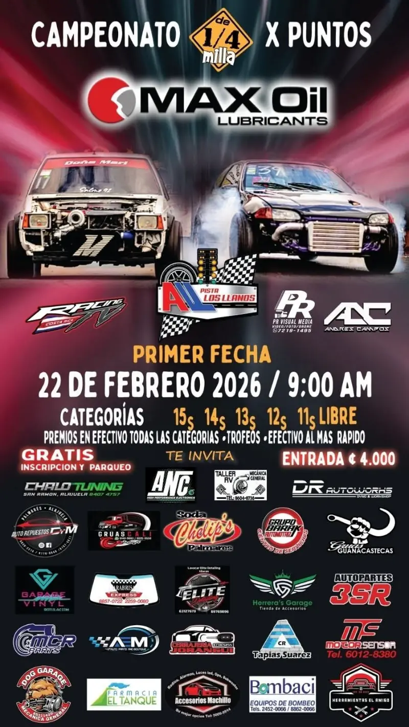 Que hacer hoy en Costa Rica: Competencia de aceleración por puntos con diversas categorías, trofeos y premios en efectivo para los más rápidos.