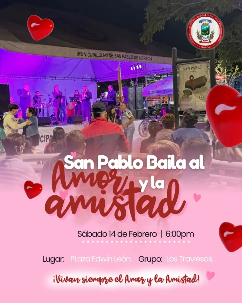 Que hacer hoy en Costa Rica: Baile comunitario gratuito con música en vivo, venta de comidas y artesanías locales para celebrar San Valentín.