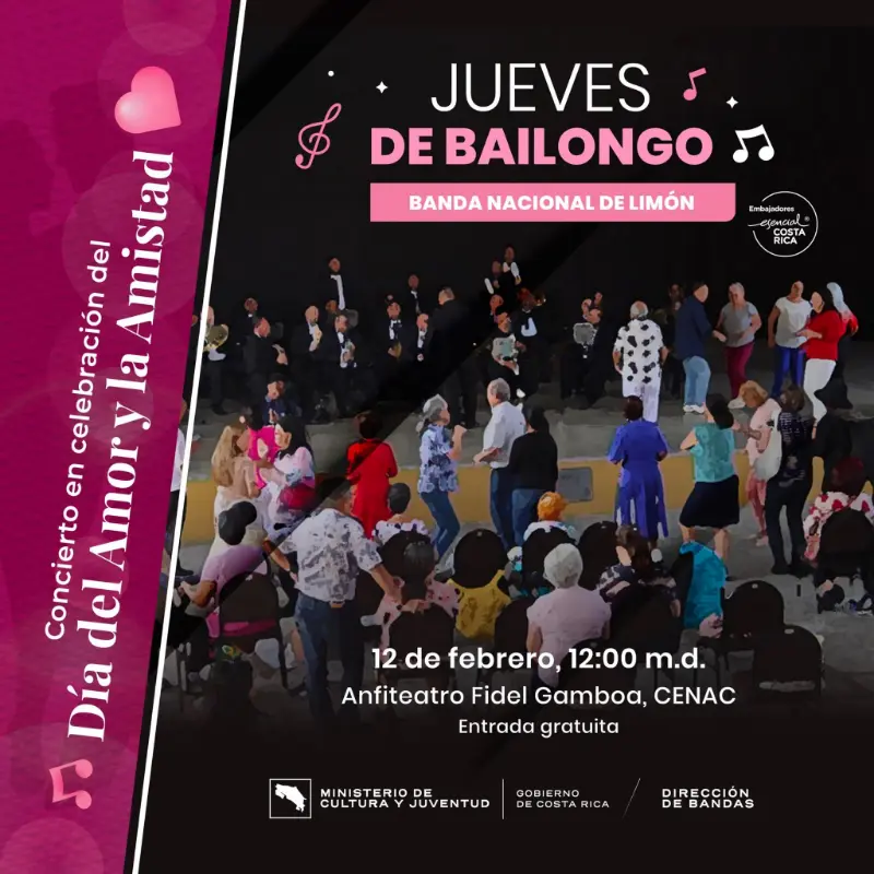Que hacer hoy en Costa Rica: Concierto bailable gratuito en celebración del Día del Amor y la Amistad con la Banda Nacional de Limón.