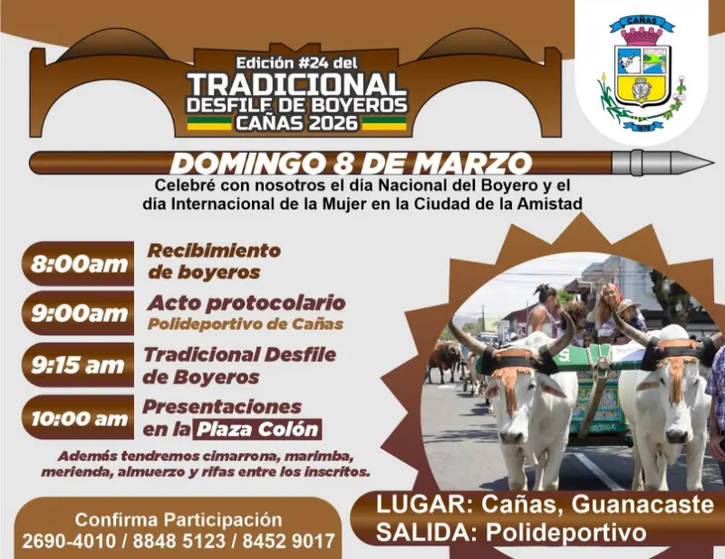 Que hacer hoy en Costa Rica: Celebración de la 24.ª edición del Día Nacional del Boyero y el Día Internacional de la Mujer en la Ciudad de la Amistad.