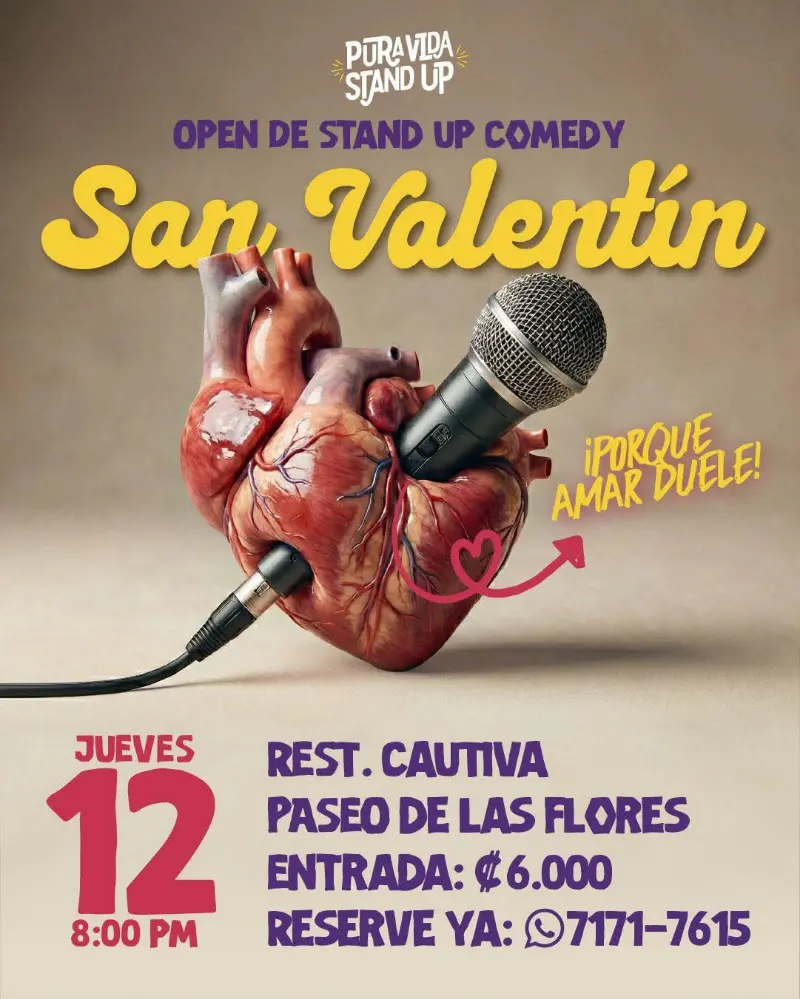 Que hacer hoy en Costa Rica: Show de comedia bajo la temática '¡Porque amar duele!' para reírse del desamor y las relaciones.