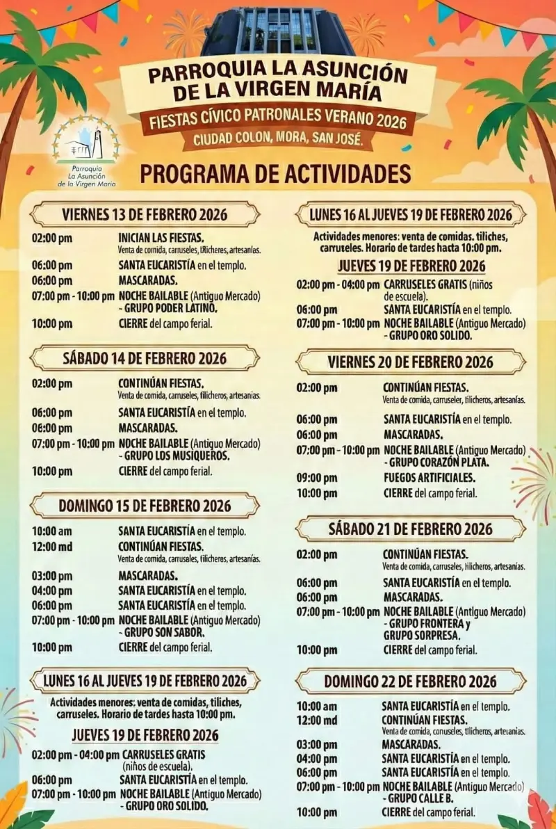 Que hacer hoy en Costa Rica: Tradicionales festejos patronales con mascaradas, noches bailables, carruseles y actividades religiosas.