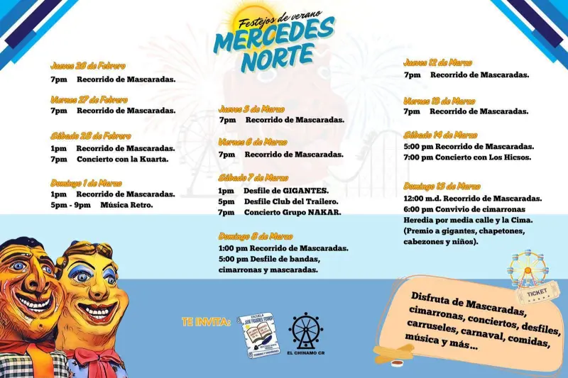 Que hacer hoy en Costa Rica: Disfrutá los Festejos de Verano en Mercedes Norte con recorridos de mascaradas, conciertos, desfiles, cimarronas y actividades para toda la familia.