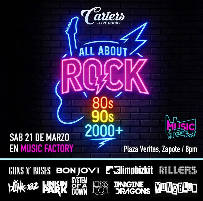 Que hacer hoy en Costa Rica: Revive los grandes himnos del rock de los 80s, 90s y 2000+ este 21 de marzo a las 8:00 PM en Music Factory, Plaza Veritas Zapote.