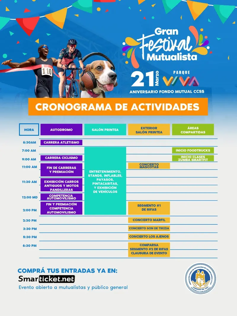 Que hacer hoy en Costa Rica: Disfrutá el Gran Festival Mutualista este 21 de marzo en Parque Viva con carreras, conciertos, rifas, exhibiciones y actividades para toda la familia.