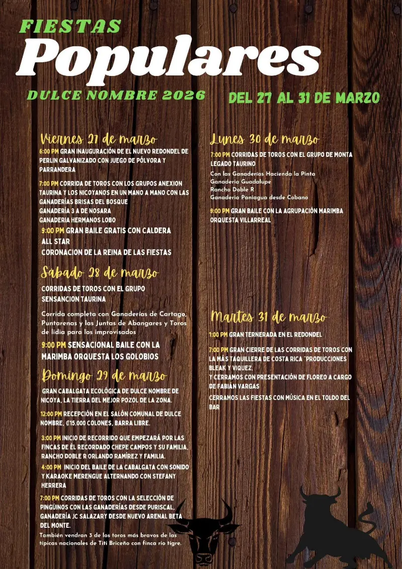 Que hacer hoy en Costa Rica: Cinco días de corridas de toros, cabalgata ecológica, bailes y actividades especiales en las Fiestas Populares Dulce Nombre 2026.