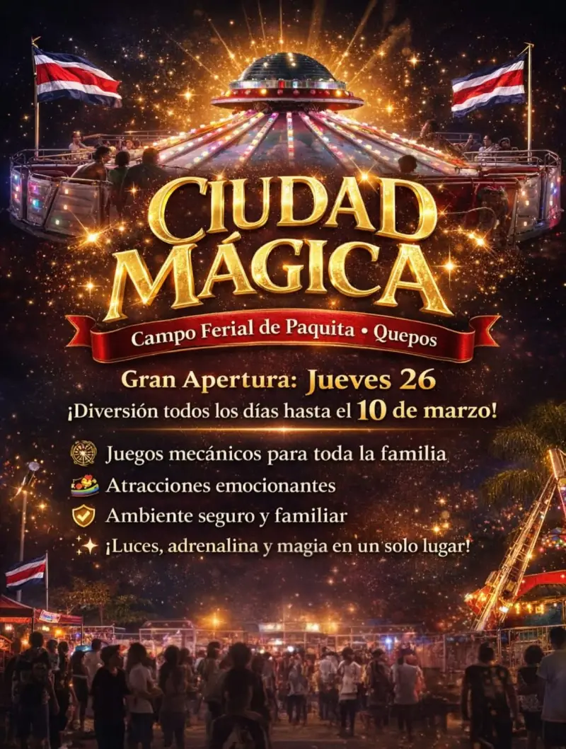 Que hacer hoy en Costa Rica: Ciudad Mágica llega a Quepos con juegos mecánicos y atracciones para niños y grandes en un ambiente familiar lleno de luces y diversión.