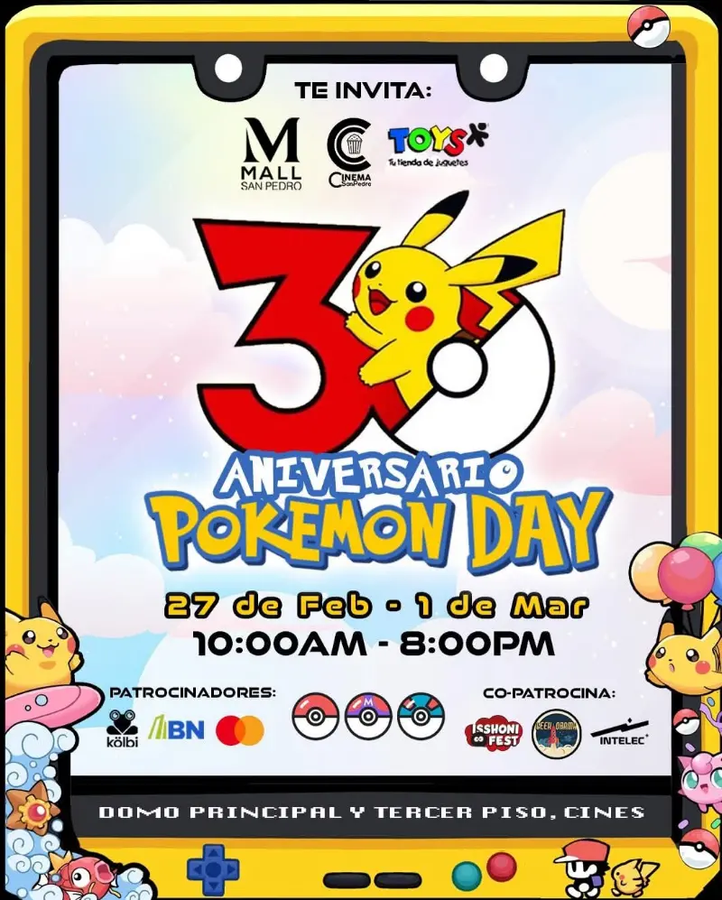 Que hacer hoy en Costa Rica: Celebrá el 30 aniversario de Pokémon Day con feria geek, torneos TCG, cosplay y actividades especiales en Mall San Pedro.