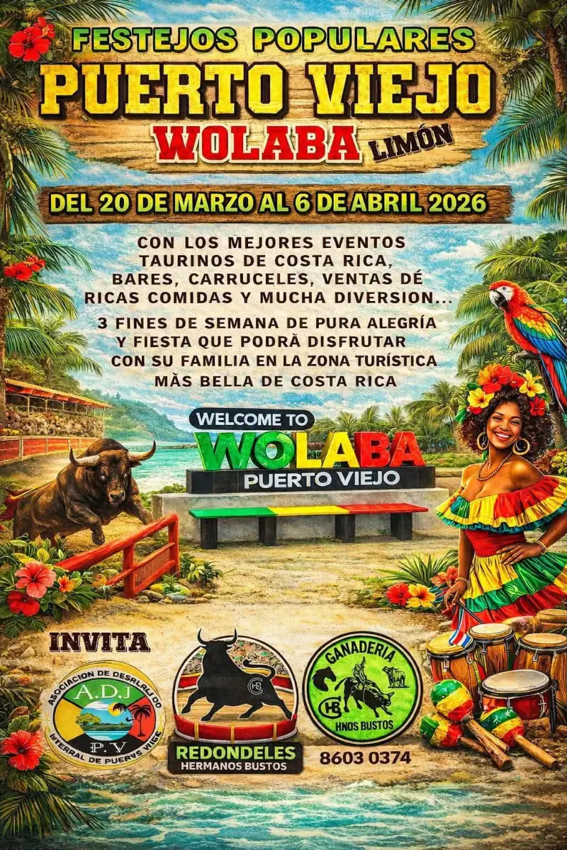 Que hacer hoy en Costa Rica: Disfrutá los Festejos Populares en Puerto Viejo Wolaba con eventos taurinos, carruseles, bares y mucha diversión en el Caribe Sur.