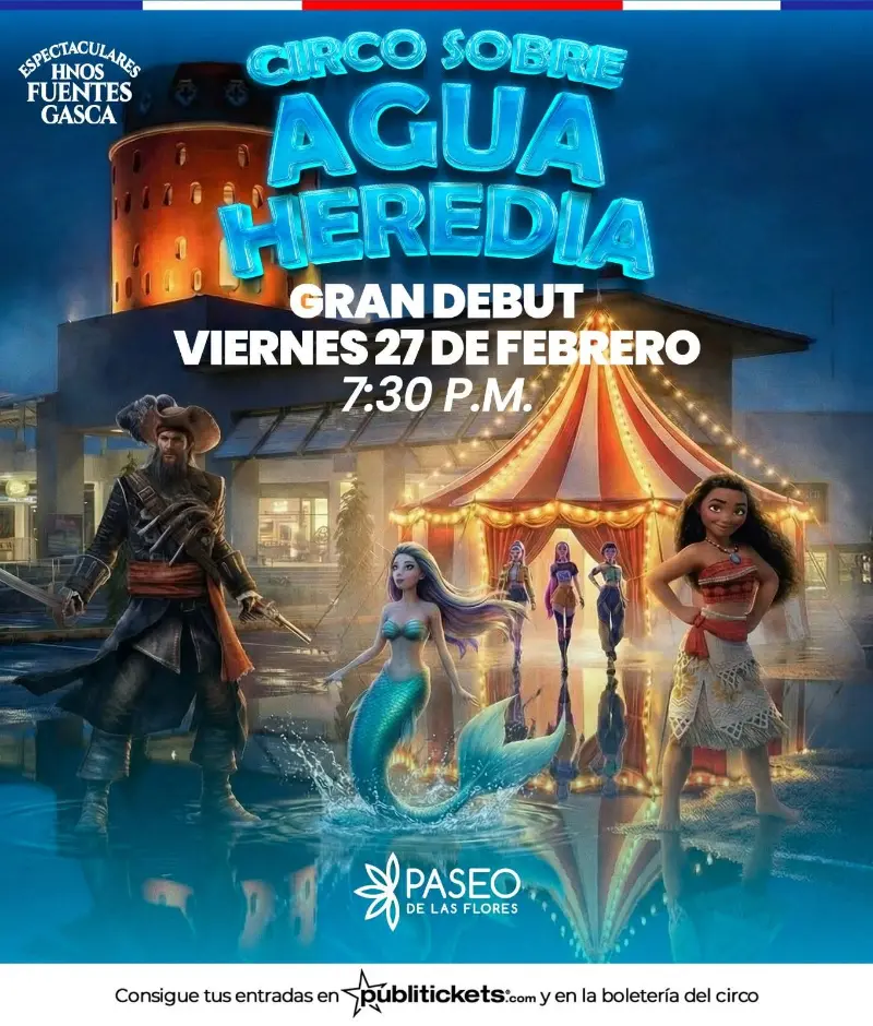 Que hacer hoy en Costa Rica: Disfrutá el gran debut del Circo Sobre Agua en Heredia con un espectáculo lleno de magia, acrobacias y fantasía para toda la familia.