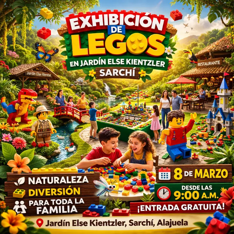 Que hacer hoy en Costa Rica: Disfrutá una exhibición de Legos en medio de la naturaleza del Jardín Else Kientzler en Sarchí, ideal para toda la familia.