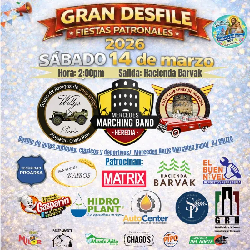 Que hacer hoy en Costa Rica: Disfrutá el Gran Desfile de autos antiguos, clásicos y deportivos en las Fiestas Patronales 2026 con bandas y música en vivo.