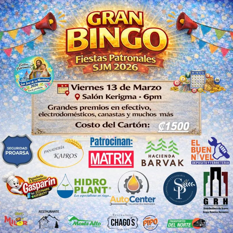Que hacer hoy en Costa Rica: Participá en el Gran Bingo de las Fiestas Patronales 2026 con premios en efectivo, electrodomésticos y muchas sorpresas.