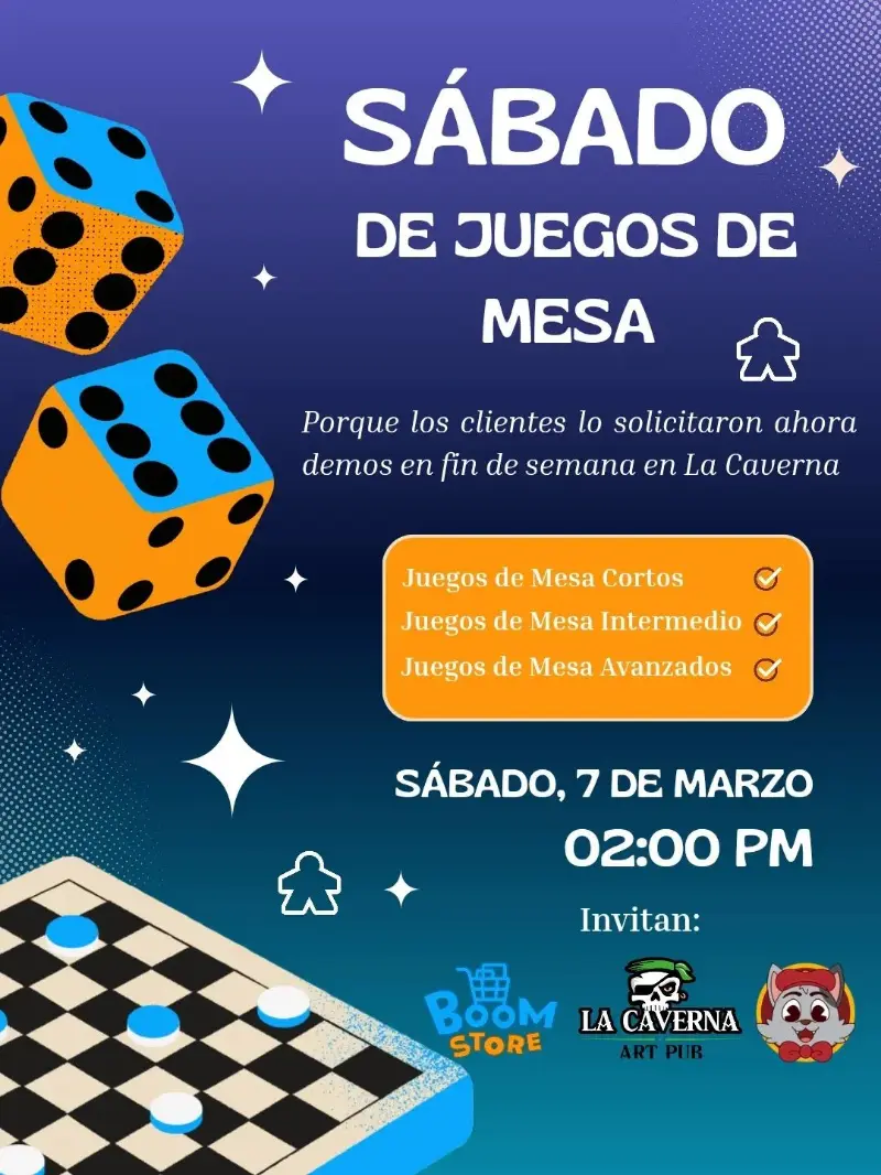 Que hacer hoy en Costa Rica: Tarde de demos de juegos de mesa en La Caverna Art Pub junto a Boom Store CR, ideal para compartir con amigos y familia.