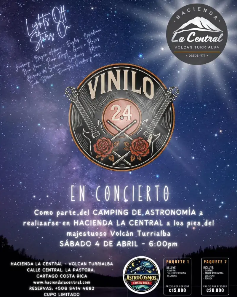 Que hacer hoy en Costa Rica: Disfrutá un concierto de Vinilo 24 junto a una experiencia de camping y astronomía a los pies del Volcán Turrialba.