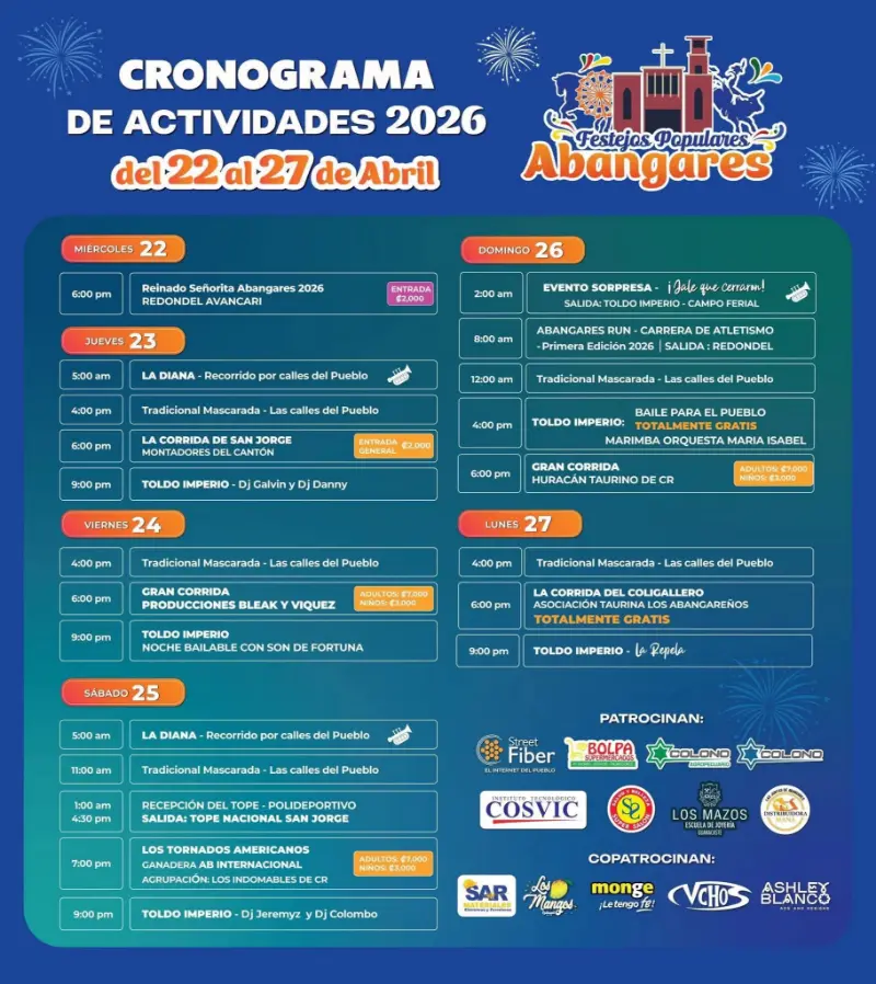 Que hacer hoy en Costa Rica: Seis días de tradición, corridas de toros, mascaradas, tope, atletismo y bailes en los Festejos Populares Abangares 2026.