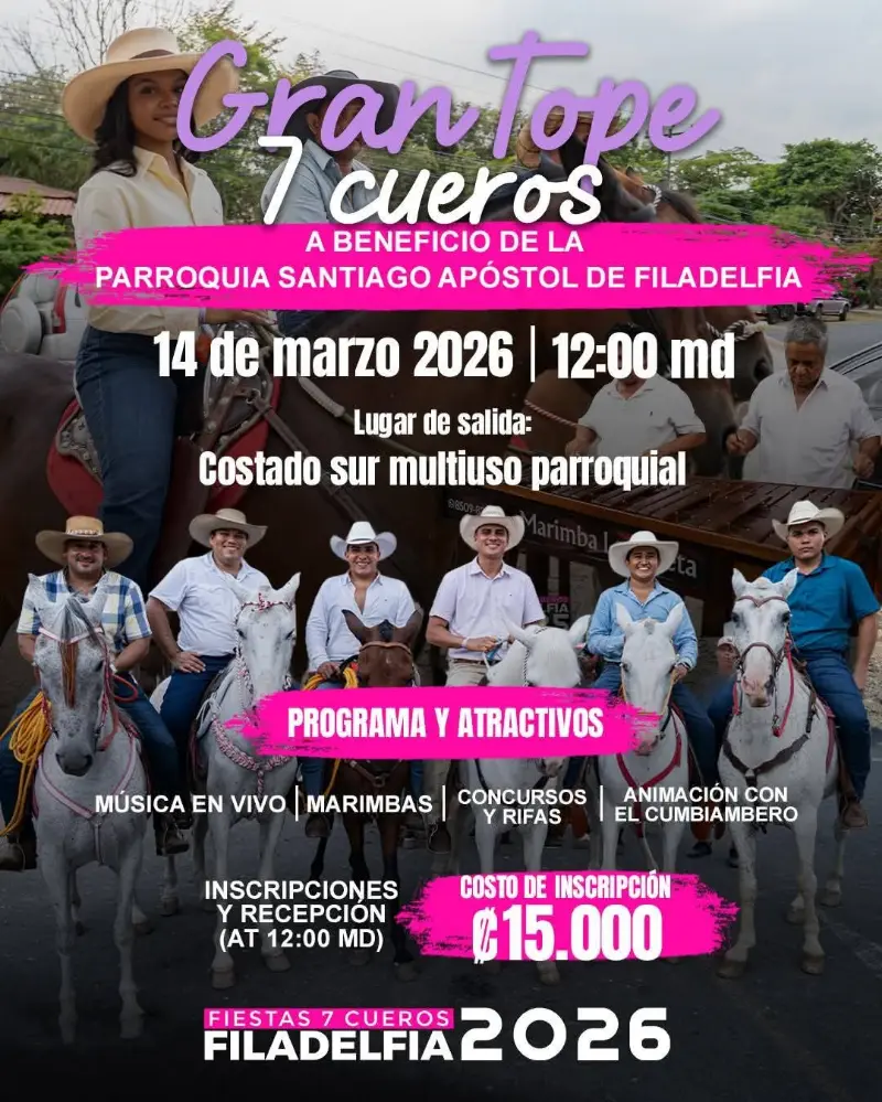 Disfrutá del Gran Tope Caballistas 7 Cueros con música, marimba, concursos y ambiente tradicional en Filadelfia.