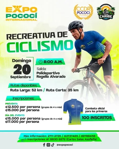 Únete a la aventura ciclista en Pococí con rutas de 35 km y 52 km. ¡Inscríbete ya y asegura tu camiseta oficial!