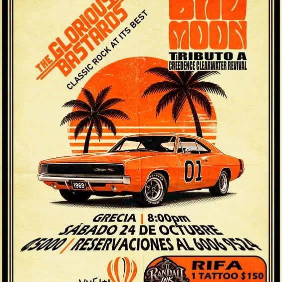 Concierto de rock en Grecia con The Glorious Bastards CR y Bad Moon (tributo a Creedence Clearwater Revival); entrada ₡5000 y rifa con tatuaje y perforaciones.