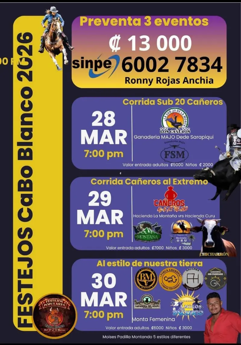 Tres noches de corridas y espectáculos taurinos durante los Festejos de Cabo Blanco en Lepanto.