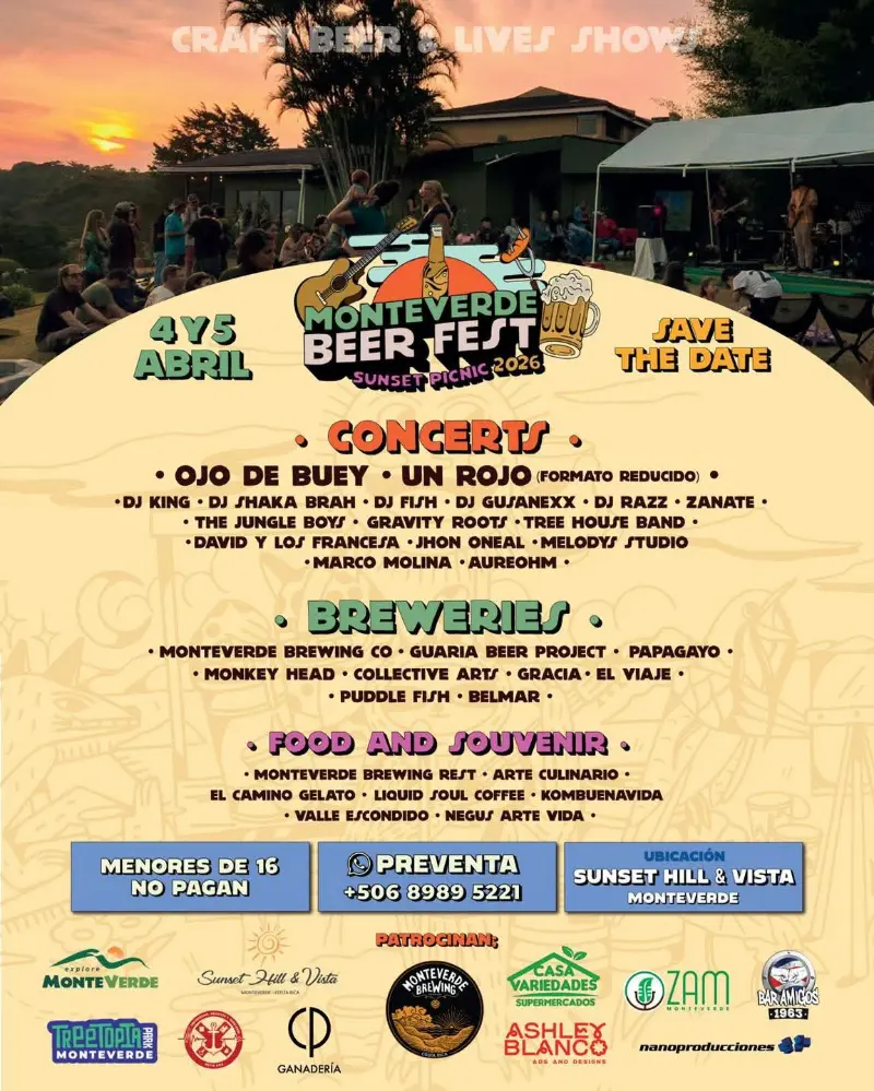 Que hacer hoy en Costa Rica: Festival de cerveza artesanal con conciertos, gastronomía y ambiente de picnic al atardecer en Monteverde.