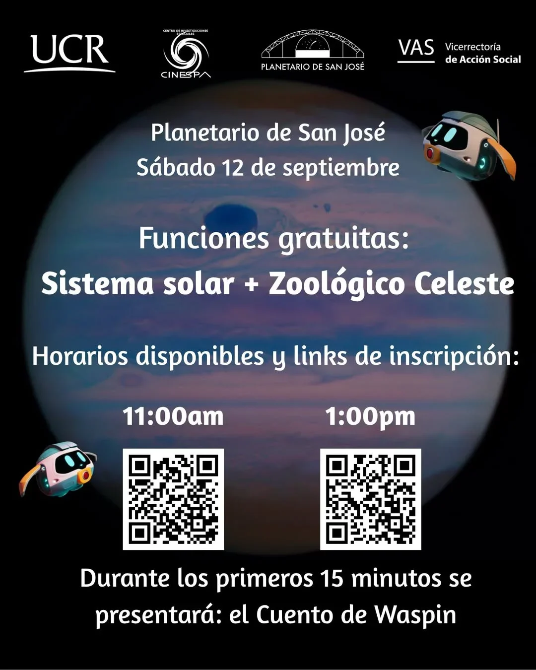 Funciones gratuitas en el Planetario de San José para toda la familia con actividades sobre el sistema solar y zoológico celeste.