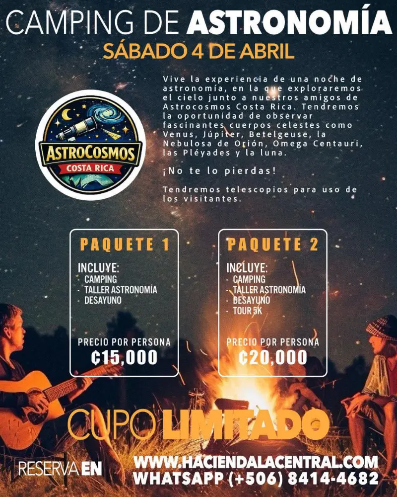 Que hacer hoy en Costa Rica: Experiencia de camping con astronomía, telescopios, música en vivo y tour opcional en Turrialba.
