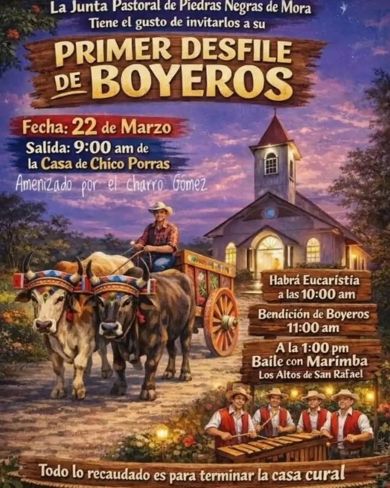 Desfile tradicional de boyeros con actividades religiosas, bendición y baile con marimba.